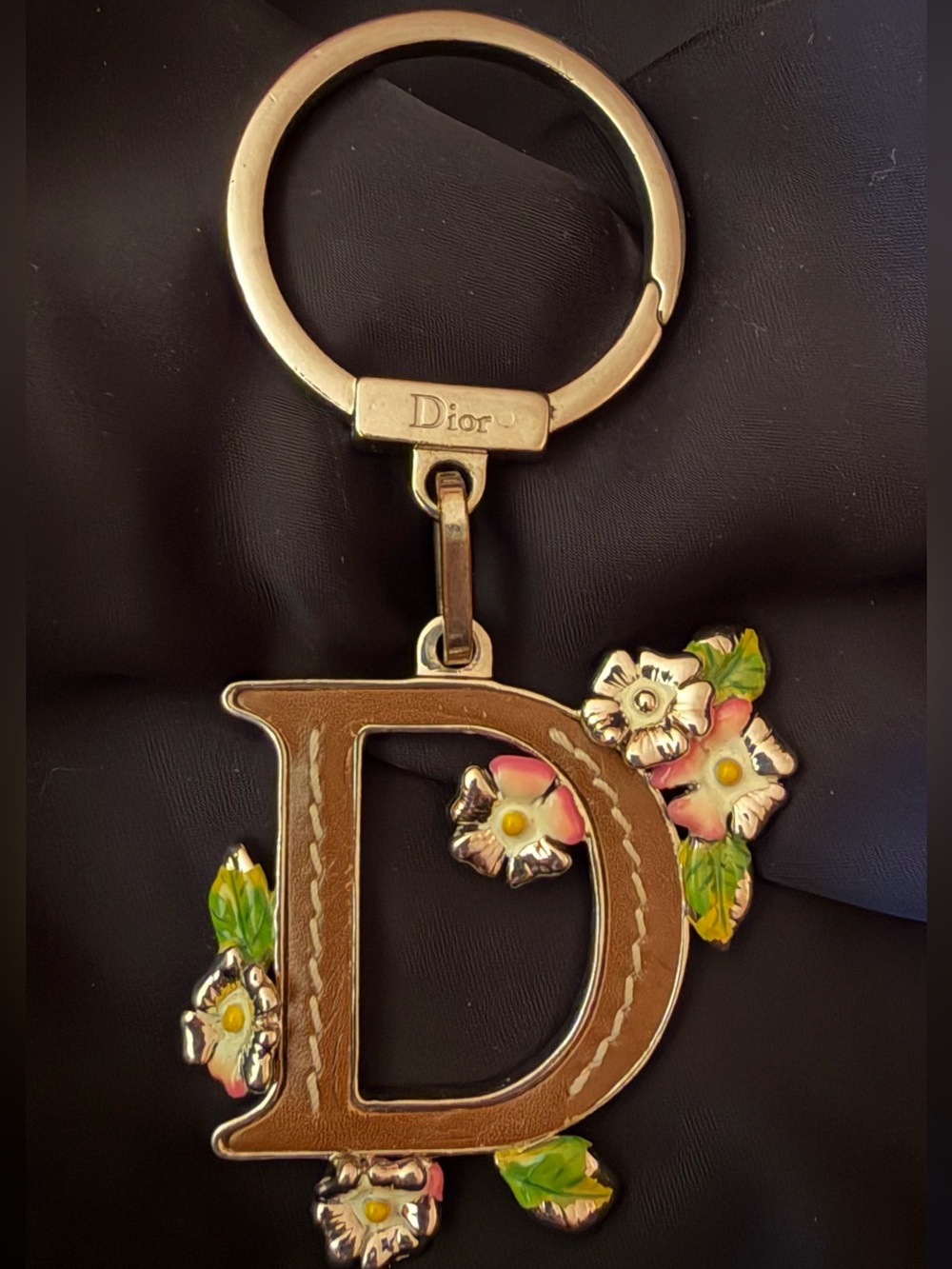 Authentic DIOR silver tone Enameled flowers & D for DIOR Keychain MADE in ITALY